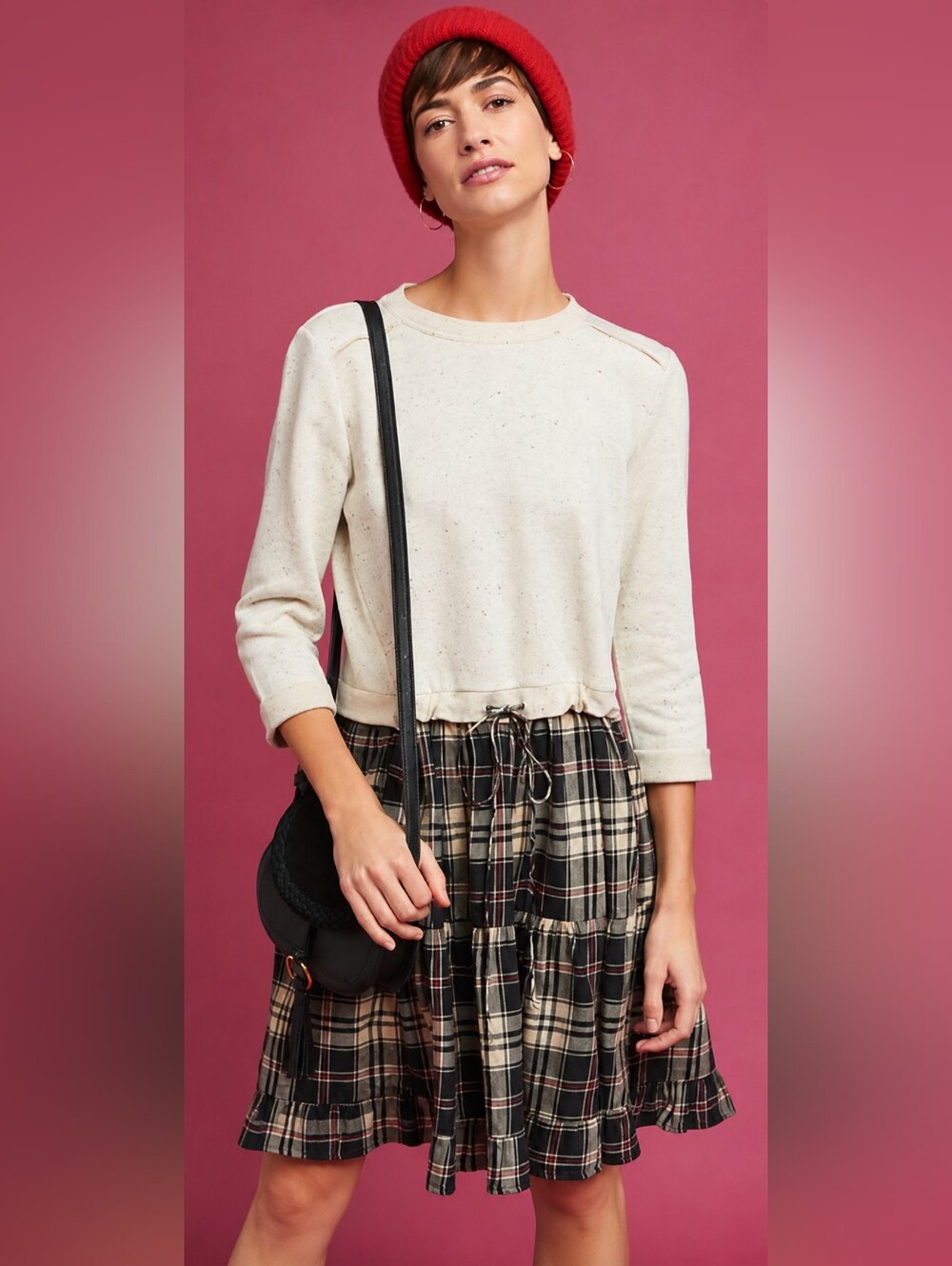 Eri + AliAnthropologie Plaid Sweatshirt Dress XS Neutral Tiered Midi Cottagecore